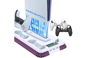 ULTIPRO MAX Soporte Vertical para PS5 Slim Pro RGB Base Estacion de Enfriamiento con Ventilacion e Iluminación, Carga para 2 Mando, Incluye 2 Protectores Antideslizantes para Mando de Regalo