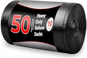 Roe Tenpo 50 Pack Heavy Duty Bin Bags - 70L, 30 Microns Bin Liners, Strong & Durable, Tear Resistant Refuse Sack, Black Bin Bags for Everyday Use, Household & Commercial Use