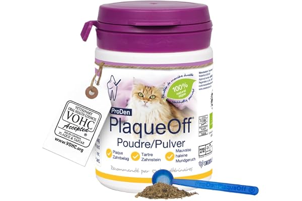 ProDen PlaqueOff - Poudre Dentaire pour Chats, Anti-Tartre, Réduit la Plaque Dentaire et la Mauvaise Haleine, 100% à Base d’Algue Naturelle, Hypoallergénique, Résultats Cliniquement Prouvés - 40 g