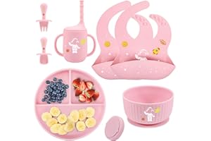 VISUCACHI Baby Weaning Set with Pattern, Suction Bowls Sets, Silicone Baby Feeding Set, Baby Weaning Essentials with Adjustable Bib, Suction Plate, Cup, Spoon and Fork