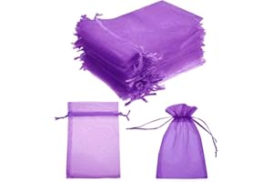SINZAU 100 Petit Organza Sachets, 7 x 9cm Sac Cadeau en Organza avec Rubans, pour Les Cadeaux de Noël, Bonbonnière, Cadeau Fêtes de Mariage, Violet