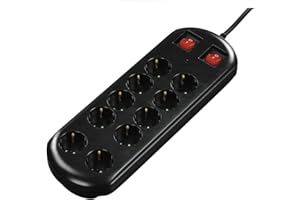 Hama Listwa zasilająca z 10 gniazdami (ochrona przed przepięciem, dwa przełączniki do łączenia grupowego, oczka do montażu na ścianie, organizer kablowy, obracany o 45°, maks. 3500 W, kabel 2 m)