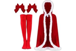 LUYANFX Weihnachtsfrau Kostüm Damen, Weihnachten Santa Umhang mit Rot Overknees Strümpfe und Schleifen Haarspangen, Weihnachtsmann Mantel mit Kapuze, für Weihnachtskostüm Halloween Fasching Cosplay Party