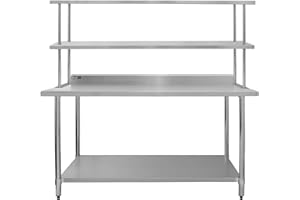 KUKOO Mesa Trabajo Cocina Acero Inoxidable y Estante Sobremesa Mesa Catering Preparación de Comida Alimentos 180x90x60cm Banco Trabajo Cocina Capacidad 450kg con 2 Paños Microfibra y Kit Fijación GRATIS