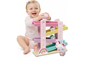 Lehoo Castle Toddler Wooden Ramp Autism Toys for 1 2 Old Girls, Baby Sensory Montessori Unicorn Toys Gifts for 1-2 Year Old Girls Boy with 4 Rollers