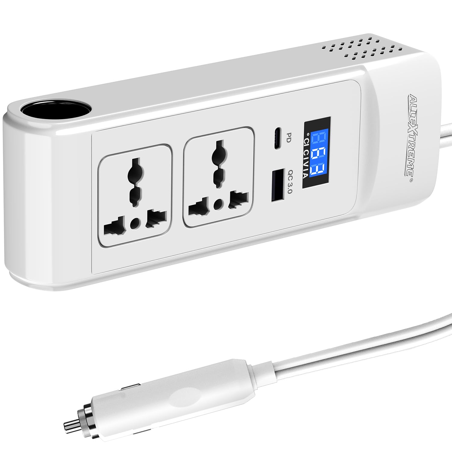 AllExtreme Car Power Inverter 200W DC 12V to AC 220V Laptop Charger with 2 5V QC3.0 USB Ports 2 Universal Sockets & Multifunctional LED Display Charging Adapter for Bike Automobile (1 Pc, White)