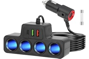 Leehitech 7 in 1 Cigarette Lighter USB Charger, 120W Car Charger Spliter Adapter with 4 Sockets & 3 USB Ports (QC 3.0+USB 3.1+PD 3.1) Quick Charging for 12V/24V Car Devices, Phones, Laptop, iPad