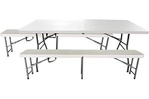Gardiun Conjunto Mesa + 2 Bancos Plegables y Portátiles New Koln 180x74x74 cm en Resina de Color Blanco