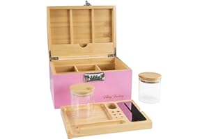 Viking Factory Caja grande de bambú con cerradura de combinación, caja decorativa para el hogar con cierre, bandeja | Tarros de cristal | Herramientas de accesorios(24 * 18 * 14cm Rosa)