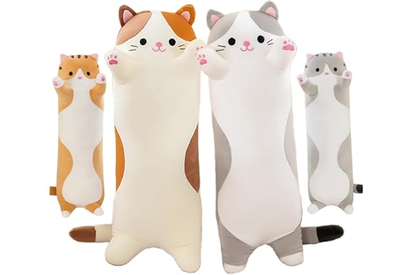 Amozo Chat en Peluche Coussin de Chat Long Oreiller Animé Peluches Geante Chat Doux Jouets Doux Poupée Cadeaux pour Enfants Adultes,1pcs, Orange/50cm