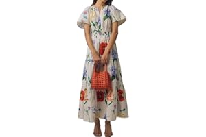FeMereina Women V-Neck Short Sleeve Long Dress Smocked Waist Pintucked Hem Flowy Dress Ruffle Tiered Maxi Dress with Side Slant Pockets