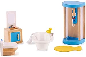Jouet Hape - Meubles Salle de Bain en Bois pour Maison de Poupée - Accessoire pour Salle de Bain : Douche, Baignoire, Toilette, Tapis de Bain - Jouet pour Enfant à partir de 3 Ans - Coffret 7 Pièces