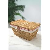 Digithome Kapaklı Rattan Vintage Dantelli Dikd&ouml;rtgen Piknik Sepeti -9T14 U/6