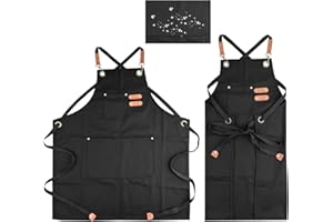 Comzantor Delantal Cocina, Impermeable Delantales de Lona, Mandil Cocinero Unisex, Ajustable Mandiles con 3 Bolsillos, Delantal Trabajo, Canvas Apron, para Barbacoa, Jardinería, Pintura (Negro)