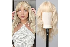 Allbell Lange Lockige Blonde Perücken mit Bangs Wasser Wellig Natürlich aussehende Weiße Blond Synthetische Perücken für Frauen Hitzebeständiger Haarersatz