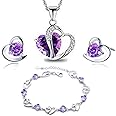 findout Jewellery Set for Women - Sterling Silver Heart Pendant Necklace, Earrings, and Bracelet with Amethyst and Clear Blue Zirconia Crystals Jewellery Set for Women and Girls