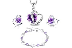 FINDOUT kaguyo love heart jewellery set silver necklace silver earrings silver bracelets Amethyst red pink blue white Crystal Heart Silver pendant Necklace + stud earrings sets gift for women girls with jewellery box silver chain