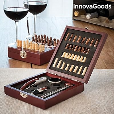 innovagoods Set d'accessoires pour vin et échecs, bois et acier inoxydable, marron, 15 x 5 x 17 cm