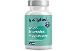 GLORYFEEL Collagene e Acido Ialuronico Integratore 180 Capsule, + Vitamina C, Biotina, Zinco e Selenio, 1000mg Collagene Idrolizzato + 200mg Acido Ialuronico con Bambù & Silicio