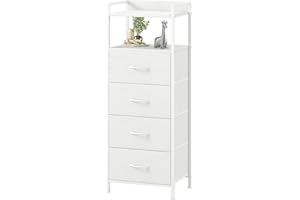 Somdot Tall Chest of Drawers for Bedroom with 4 Drawers, Storage Unit with Fabric Drawers for Closet Bedside Dorm Kids Nursery Laundry Living Room Entryway Hallway, White Leather