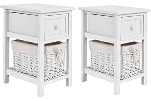 COSTWAY Bedside Table, Solid Wood Nightstand End Sofa Side Table with Drawer and Wicker Basket, Shabby Chic Slim Bedside Cabinet Accent Tea Tables for Living Room Bedroom, 28x31x45cm (2PCS, White)