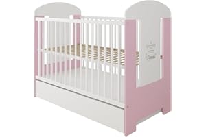 LCP Kids Lit Bebe 120x60 avec Matelas et Tiroir, 3 Niveaux du Sommier, 3 Barreaux Amoviable, Rose Blanc