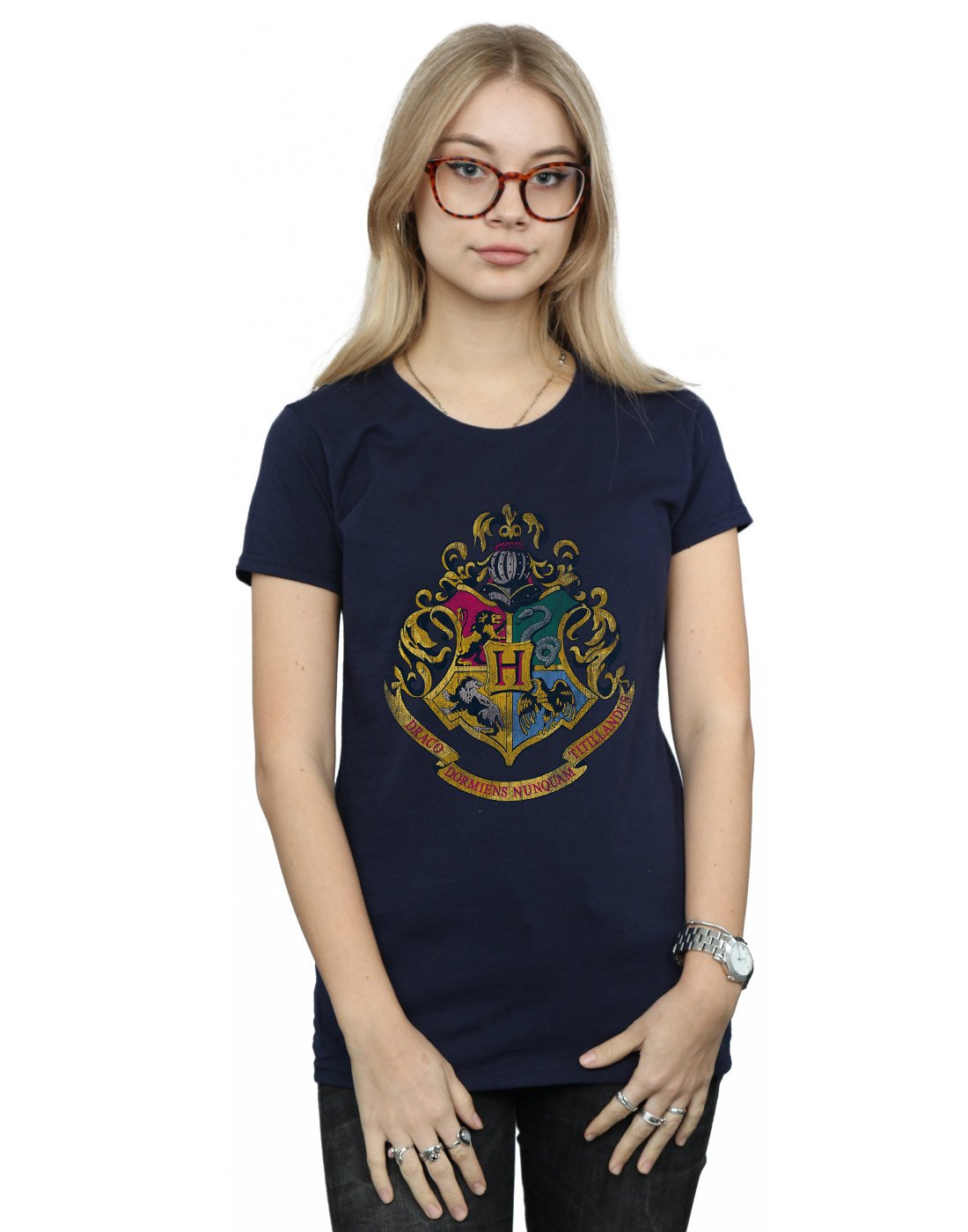 HARRY-POTTER-Damen-Hogwarts-Distressed-Crest-T-Shirt-Medium-Marine