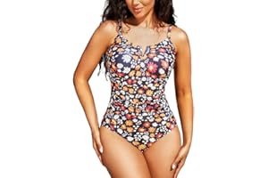 JASAMBAC Women's One Piece Tummy Control Swimwear Vintage Swimming Costumes V-Wired &Floral Swimsuit Soft Elastic Bathing Suits Padded Monokinis With Adjustable Shoulder Strap For Beach,Sunbathing,Pool