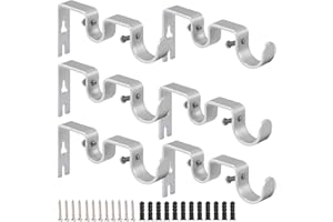AYSUM Double Curtain Pole Brackets, 6Pcs Heavy Duty Curtain Rod Brackets for 1 and 5/8 Inch Rod, Metal Curtain Rail Support Brackets, Metal Window Hardware Rod Holders (Silver)