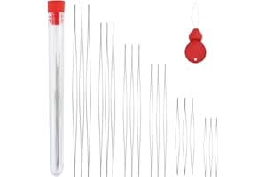 AMANDELIZABE 18 agujas de cuentas, 6 tamaños grandes, agujas de perlas de ojo de acero inoxidable y botella de aguja, con 1 enhebrador de aguja de calabaza, agujas de perlas de ojo grande para pulseras, joyas,