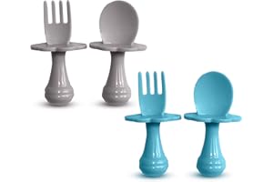 BABY SPOON &FORK Cuillère bébé - Fourchette bébé - Cuillère et Fourchette pour bébé,Multicolores, Ensemble de couverts pour encourager votre bébé à manger de manière indépendante, sans BPA (Lots de 2, Bleu/Gris)