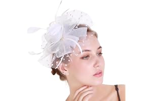 WUERKIYA Tocado para mujer Plumaje Diadema Tocado Flor Malla Encaje Clip Sombrero Pluma Accesorios para el cabello Sombrero para fiesta Iglesia Boda Cóctel Jockey Club Fascinator - Blanco