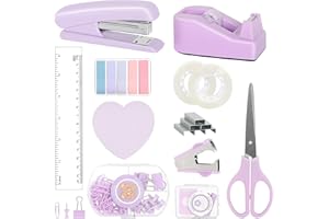 LANDHOPE Büroartikel-Set, lila Hefter und Klebebandspender-Set mit Klammerentferner und 1000 Klammern, Klammern, Klebeband, Schere und Registerkarten, Schreibtisch-Accessoires für Studentinnen