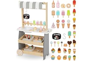 Mamabrum Heladería de Madera con Ruedas - Comida Juguete Educativo para Niños 3+ - Carrito Helados Móvil con Accesorios - Juego rol Que Desarrolla Habilidades Sociales