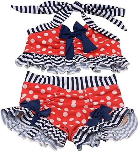 Big Girls Red Navy Stripe Print Bows Patriotic 2 Pc Bikini Swimsuit 7
