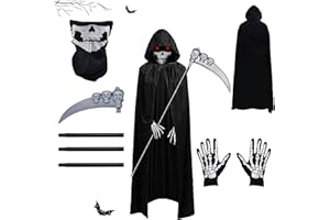 AOMAIGAD Kostium Żniwiarza, peleryna na Halloween z kapturem, z maską czaszki, kosą, rękawiczkami szkieletowymi, kostium na Halloween, Halloween, peleryna na Halloween, cosplay, karnawał (dla