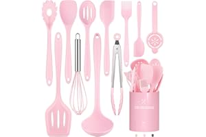 TERLULU Küchenhelfer Set, 12-teiliges Silikon Kochutensilien Kochbesteck Set, Hitzebeständiger Kochgeschirr mit Utensilienhalter, Antihaft Kochset Küchenutensilien, Spülmaschinenfest - Rosa