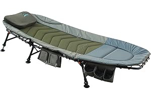 CARPZILLA Portable Fishing Bed Chair | XL Heavy Duty Camping Bed | Adjustable Back Rest & Legs Bedchair | Built-in Tool Bag Tackle Storage Carp Fishing | Detachable Pillow - Khaki Green