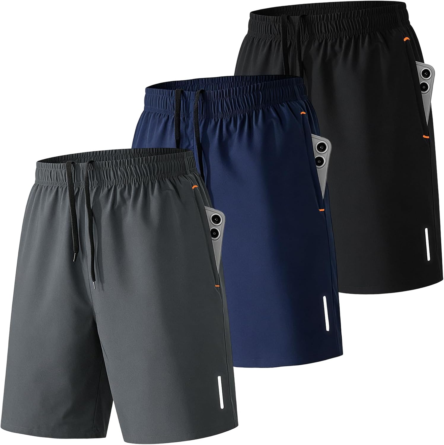SHAGGA Paquete de 3 pantalones cortos de gimnasio para hombre, ligeros, de secado rápido, entrepierna corta, 7 con bolsillos con cremallera para correr, fitness y joggers