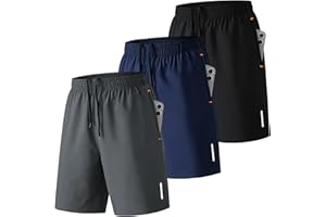 SHAGGA Paquete de 3 pantalones cortos de gimnasio para hombre, ligeros, de secado rápido, entrepierna corta, 7 con bolsillos con cremallera para correr, fitness y joggers
