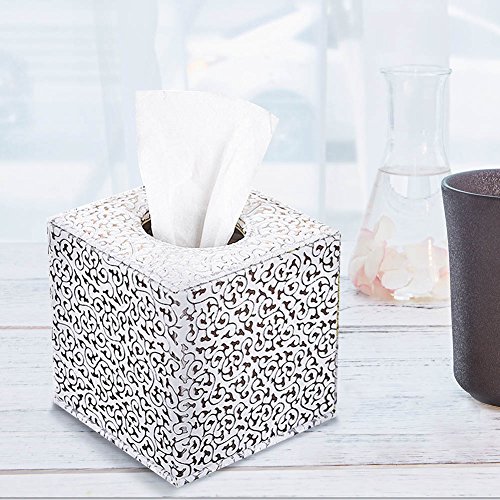 Ciaoed Tissue Box PU Leder Kleenex boxen Taschentücher Halter für Home Office Autor (Silber Schnitzen) - 5
