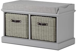 TETBURY FURNITURE Tetbury grey storage bench with 2 baskets with leather handles and grey cushion seat