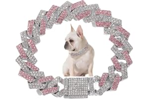 WEIMOMONKEY Pink Chain Dog Collar, Cuban Link Dog Collar Diamond Dog Necklaces Rhinestone Bling Glitter Metal Choke, 14mm Wide Pet Jewelry For Puppy Small Medium Large Dogs (18inch)