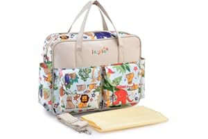 Insular Multifunctional Waterproof Mummy Shoulder Bag Diaper Bag Chic Nappy Changing Bag Tote/Messenger Style Large Light Weight with Changing Mat, Adjustable Straps Animal Fun