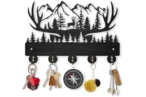 MAYJOYDIY Deer Antlers Forest Key Holder for Wall 30×20cm Forest Mountain Key Rack Wall Mounted 5 Alloy Hooks Wall Art Decorative Black Wood Key Hanger for Entryway Front Door Kitchen Gift