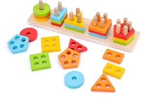 KIDSZONE Montessori Toys for 1 2 3 Years Old, Wooden Sorting & Stacking Toys for Toddlers 1-3, Education Preschool Toddler Puzzles,Best Gift. (5 shapes)