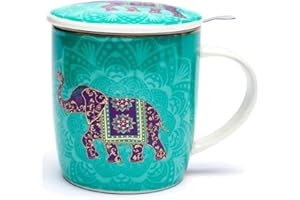 ZEN ET ETHNIQUE Caja de Regalo con Juego de Taza de Té con Infusor, Color Turquesa con Decoración de Elefante Indio con Mándala