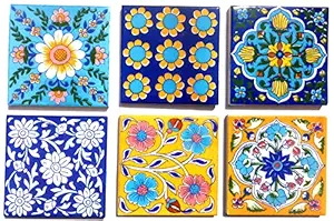 Shiv Kripa Blue Pottery Ceramic Handmade Tiles (4 X 4-inch, Multicolour) - Pack of 6