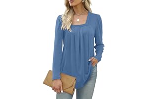 Sampeel Womens Long Sleeve Tops Ladies Sweatshirts Square Neck Jumpers Pleated Loose Fit Tunic