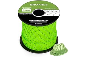 Brotree Cuerda Tienda Campaña Reflectante 3mm 30m Cuerda Tensora con 6 x Tensores de Cuerda para Tienda, Toldo, Camping (Reflectante Verde Neón)